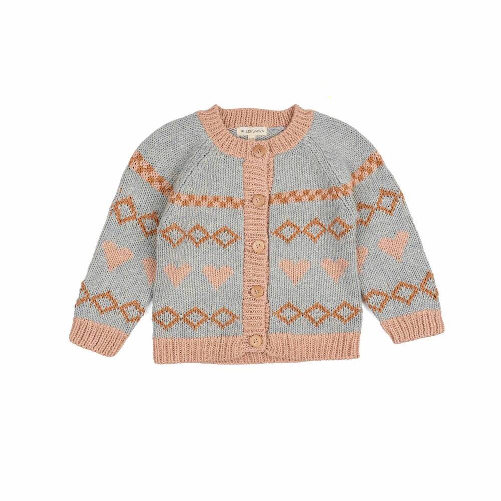 NEW WILD WAWA kids' intarsia hearts cardigan in dusty blue
